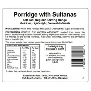 Expedition Foods Porridge with Sultanas (450kcal) - Freeze Dried Meal